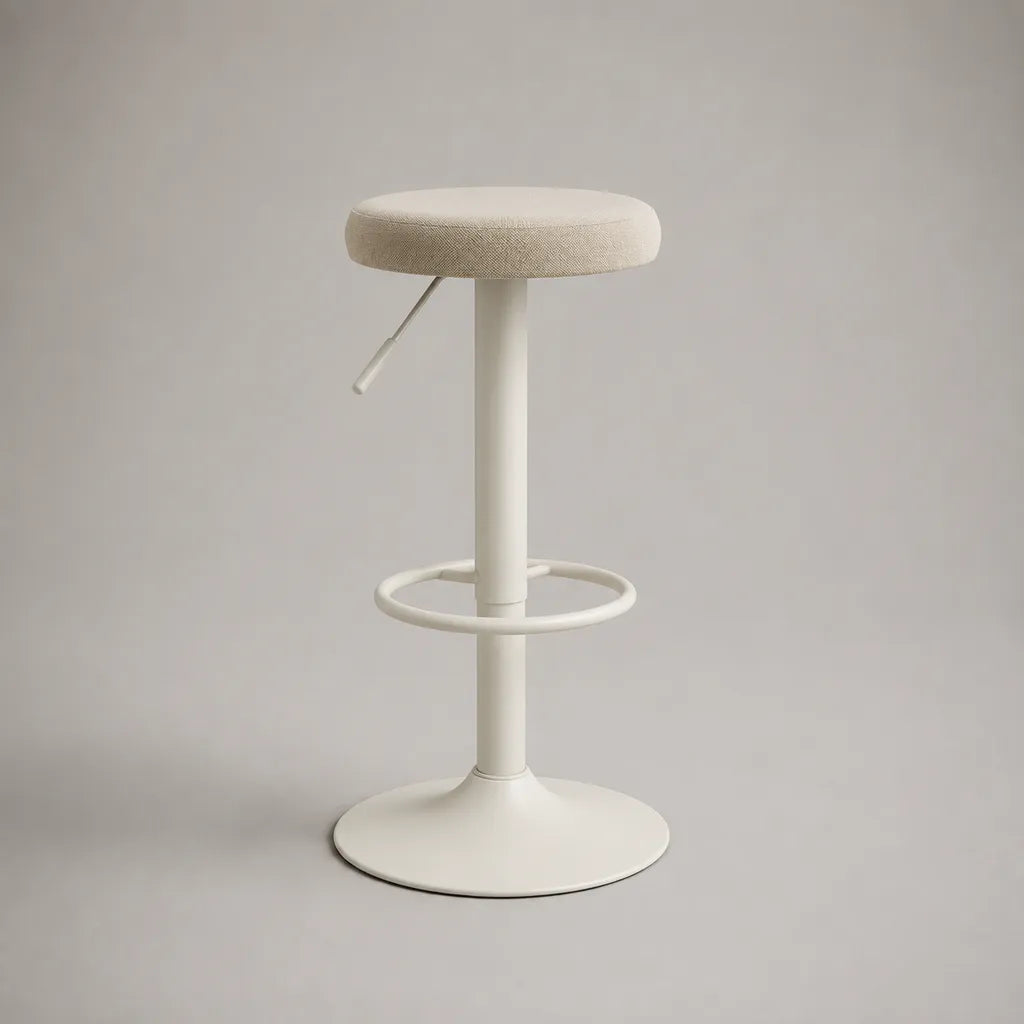 Sgabello da bar rotondo girevole e regolabile in acciaio e tessuto, beige e bianco, Ø 38 × H 62-83 cm