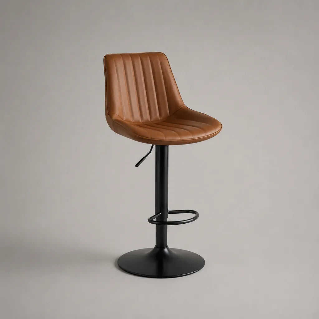 Sgabello da bar girevole regolabile in similpelle e acciaio, marrone cognac e nero, 48 × 52 × 88-109 cm