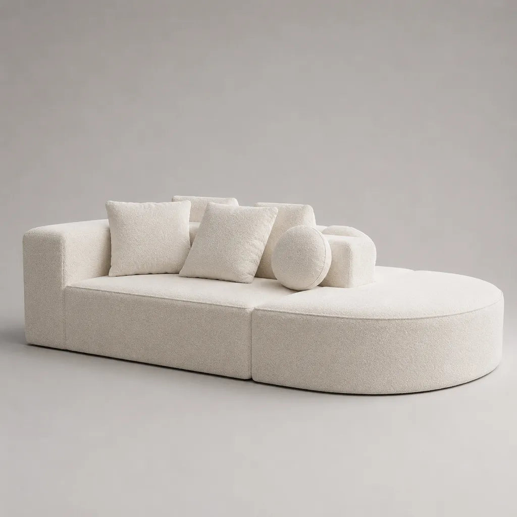 Divano a 3 posti con chaise longue curva in bouclé di poliestere avorio, 280 x 140 x 76 cm