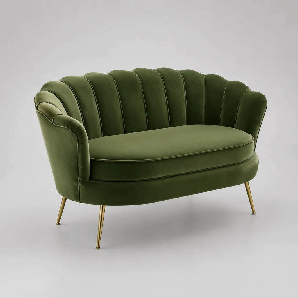 Divano a 2 posti in velluto verde oliva con gambe in acciaio color ottone, 145 x 76 x 84 cm