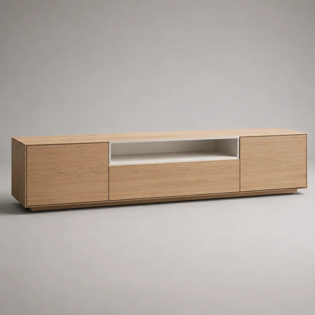 Mobile TV basso in MDF impiallacciato rovere con 3 ante e vano aperto, rovere naturale e bianco, 200 × 40 × 45 cm