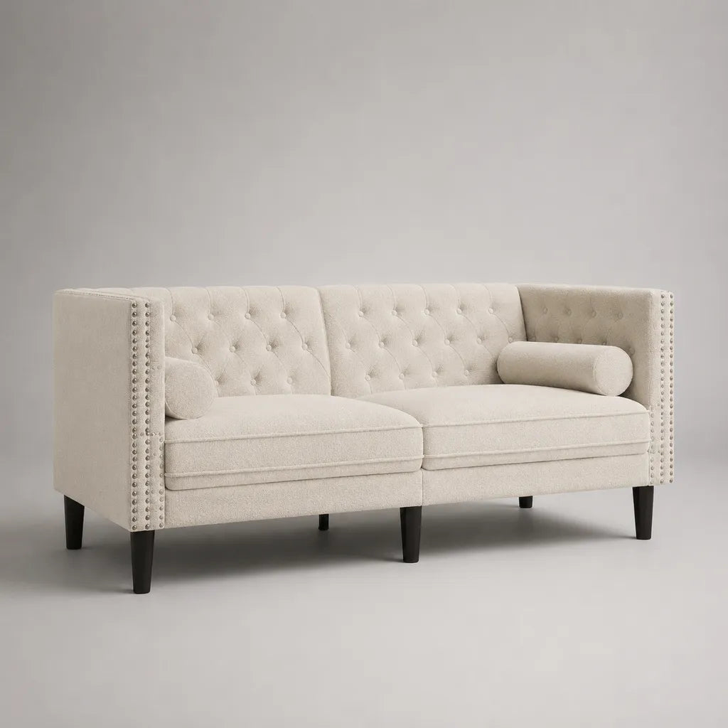 Divano 2 posti in bouclé di poliestere avorio con schienale capitonné, 170 x 76 x 81 cm