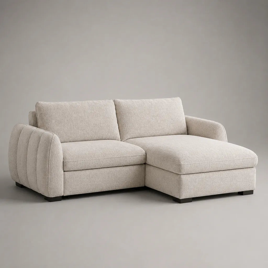 Divano angolare 2 posti con chaise longue destra in ciniglia di poliestere avorio, 220 x 150 x 88 cm