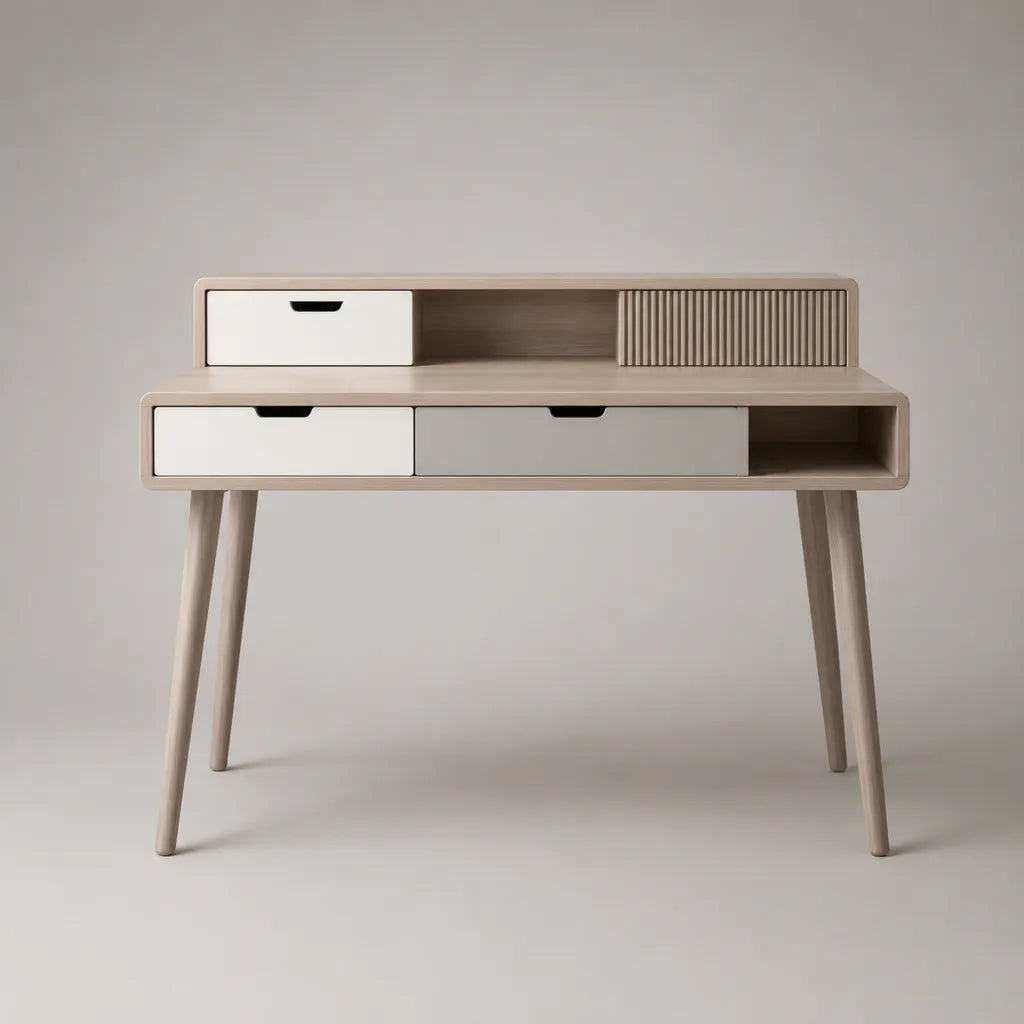 Scrivania in legno con alzata, 3 cassetti e 2 vani aperti, beige frassino e bianco, 110 × 55 × 100 cm