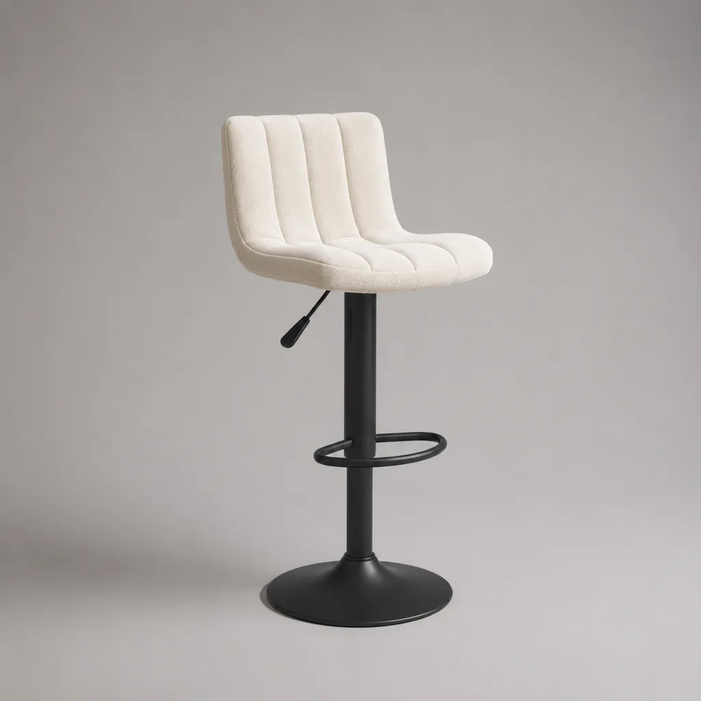 Sgabello da bar girevole e regolabile in tessuto e acciaio, bianco crema e nero, 47 x 50 x 85-106 cm