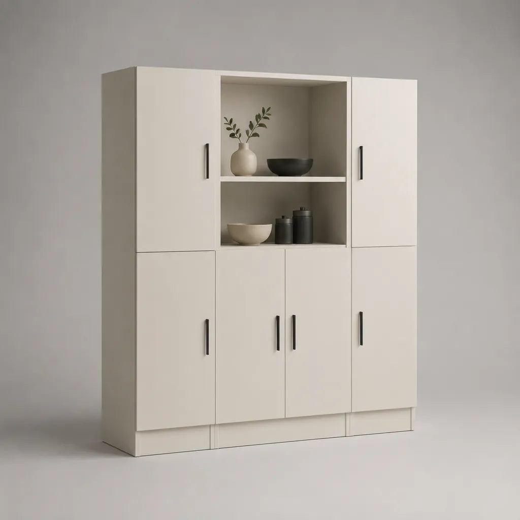 Mobile contenitore alto in pannello truciolare melaminico bianco con 6 ante e maniglie nere, 160 × 40 × 190 cm