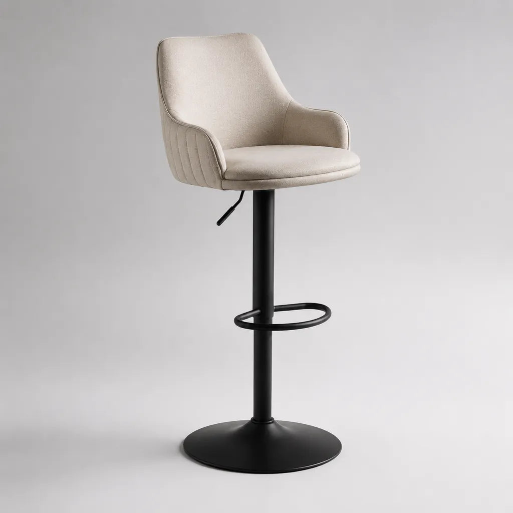Sgabello da bar girevole regolabile con braccioli, tessuto beige e base in acciaio nero, 54 x 54 x 92-113 cm
