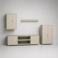 Parete attrezzata TV 4 pezzi in MDF e truciolare melaminico beige e ottone, mobile TV 160 x 40 x 50 cm, mobile alto 60 x 35 x 120 cm, pensile 50 x 30 x 80 cm e mensola 90 x 18 x 10 cm
