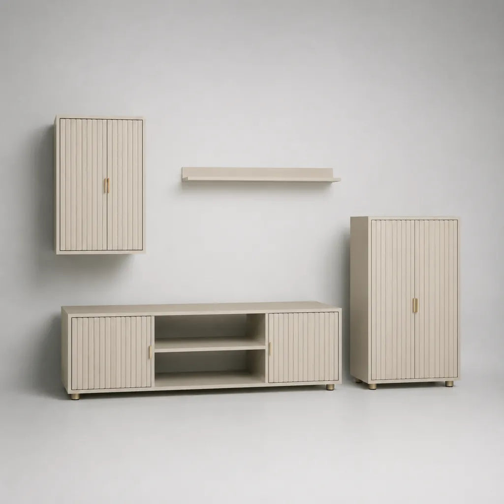 Parete attrezzata TV 4 pezzi in MDF e truciolare melaminico beige e ottone, mobile TV 160 x 40 x 50 cm, mobile alto 60 x 35 x 120 cm, pensile 50 x 30 x 80 cm e mensola 90 x 18 x 10 cm