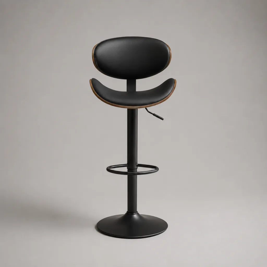 Sgabello da bar girevole regolabile in similpelle, legno e metallo, nero e marrone noce, 48 x 45 x 88-108 cm