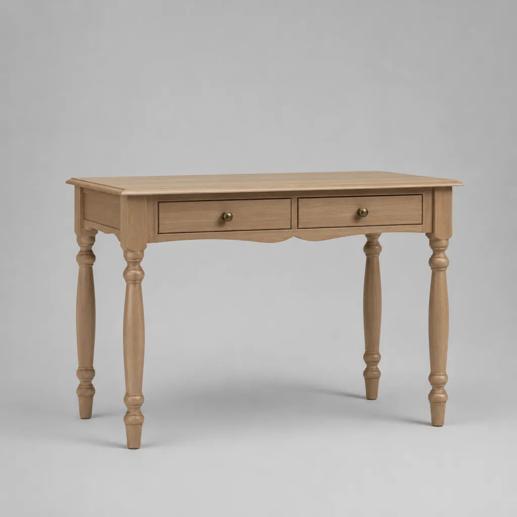 Scrivania tradizionale rettangolare in legno massello, rovere naturale, 2 cassetti, 110 x 50 x 76 cm