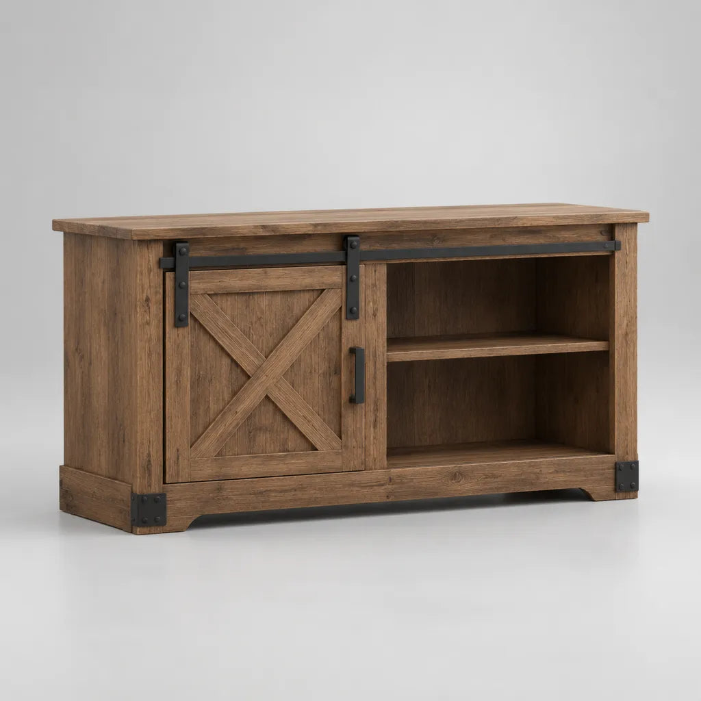 Mobile TV rettangolare in MDF e pannelli truciolari con porta scorrevole, rovere marrone e nero, 120 × 40 × 70 cm