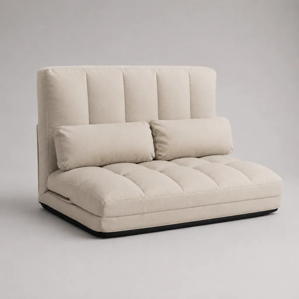 Divano letto pieghevole a 2 posti in poliestere beige con schienale reclinabile e 2 cuscini, 140 x 96 x 112 cm