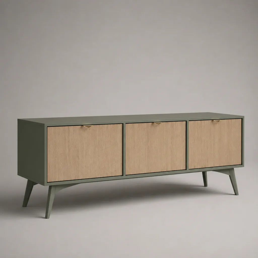 Mobile TV basso rettangolare in MDF effetto rovere, verde oliva, con 3 ante, 150 × 40 × 65 cm
