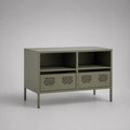 Mobile TV basso rettangolare in acciaio con 2 vani aperti e 2 cassetti, verde oliva, 100 x 40 x 75 cm