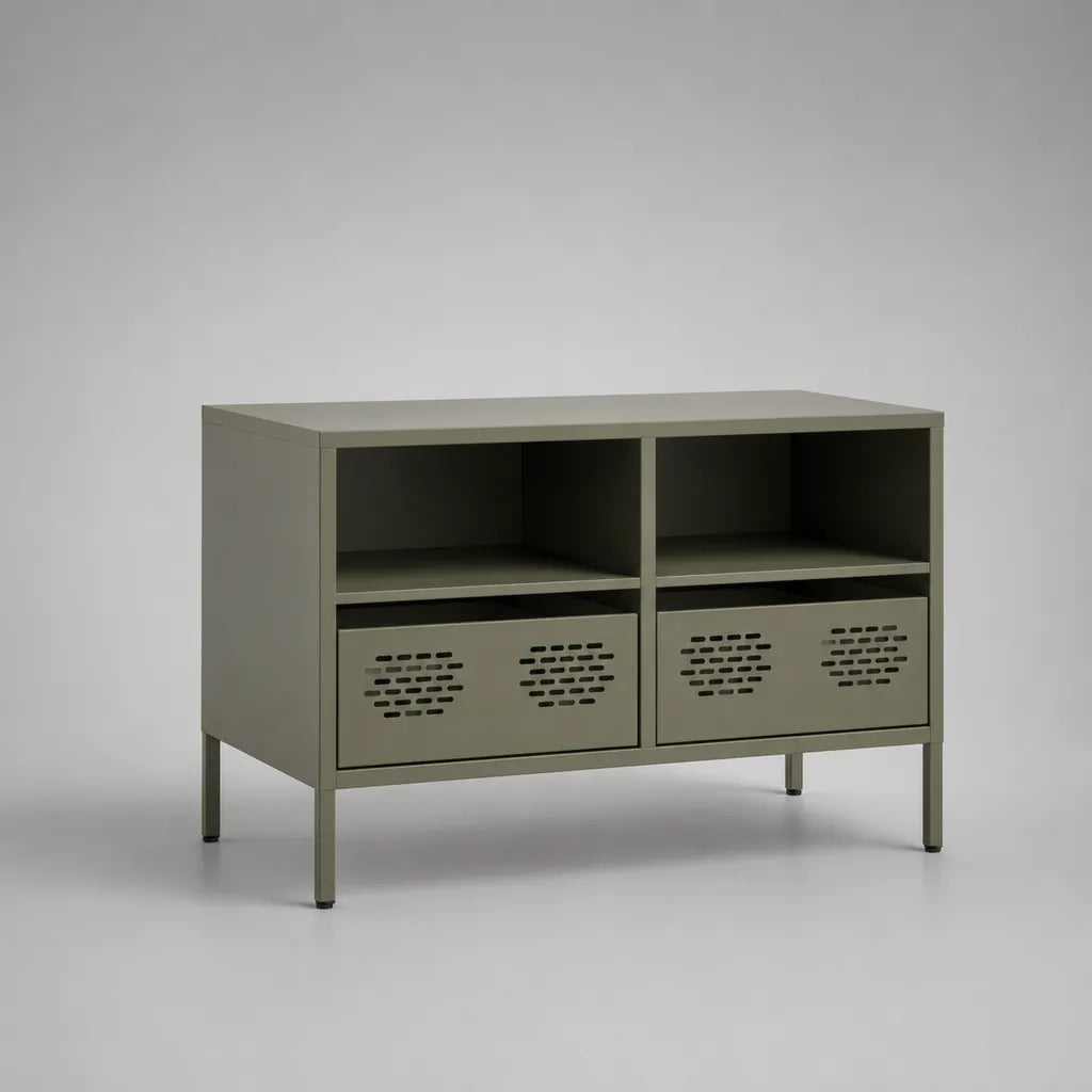 Mobile TV basso rettangolare in acciaio con 2 vani aperti e 2 cassetti, verde oliva, 100 x 40 x 75 cm