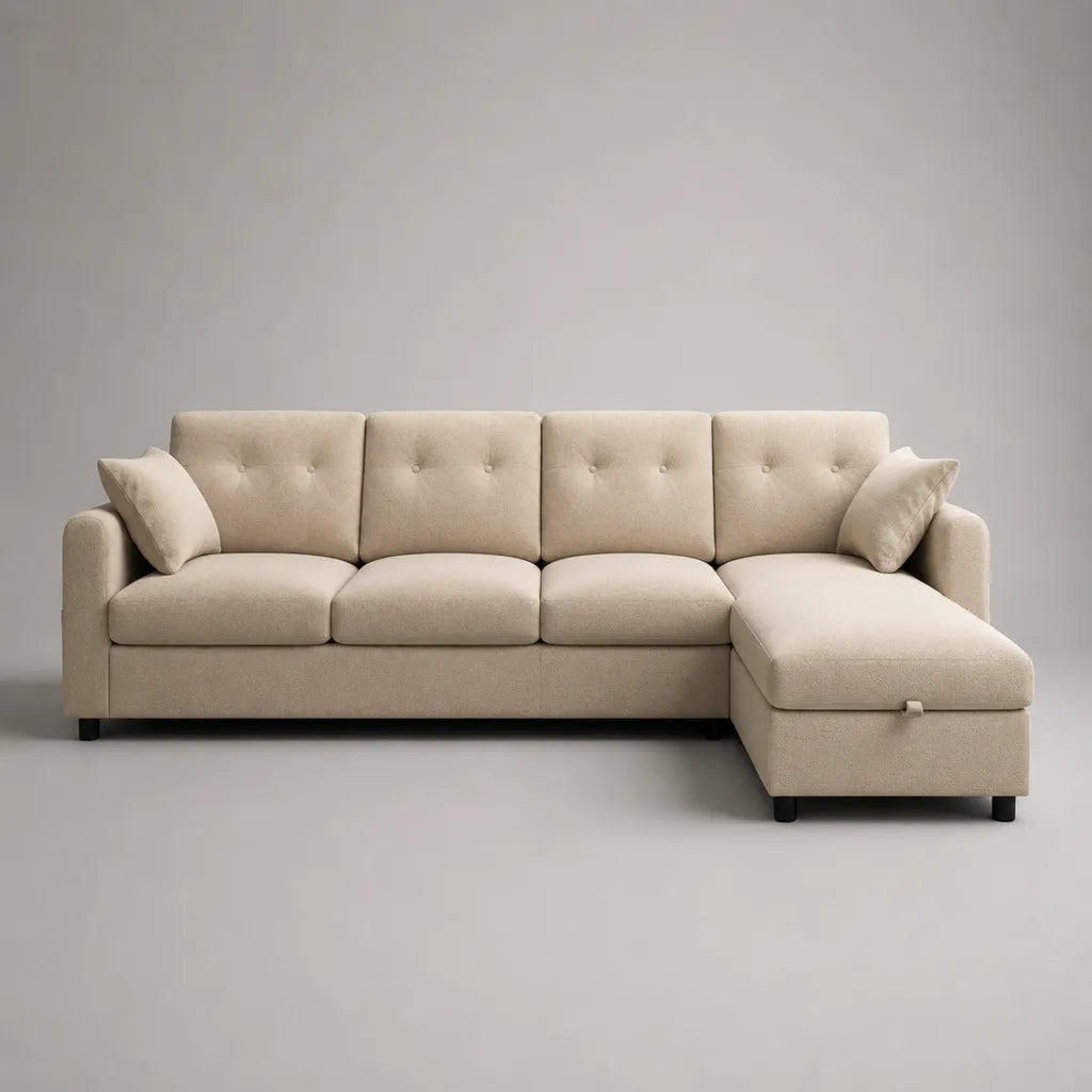 Divano angolare 4 posti in tessuto beige con chaise longue destra e contenitore, 250 x 155 x 88 cm
