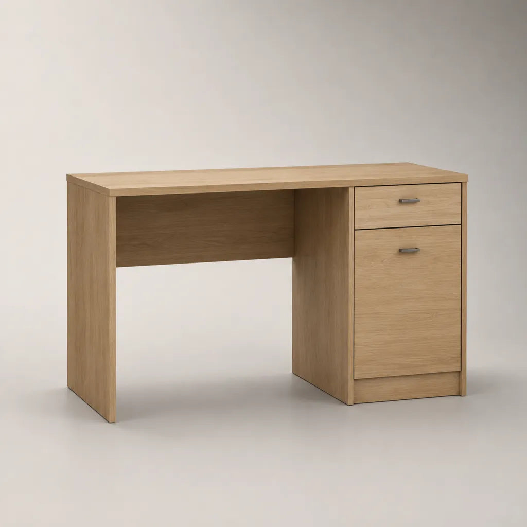 Scrivania rettangolare con 2 cassetti in pannello truciolare melaminico, rovere chiaro e grigio, 120 x 50 x 75 cm