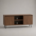 Mobile TV rettangolare in MDF marrone effetto noce e metallo nero con 2 ante e 2 vani aperti, 120 × 40 × 65 cm