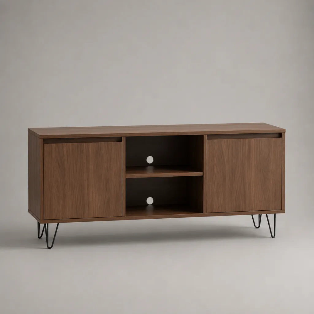 Mobile TV rettangolare in MDF marrone effetto noce e metallo nero con 2 ante e 2 vani aperti, 120 × 40 × 65 cm