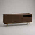 Mobile TV basso rettangolare in MDF impiallacciato marrone noce con ante scanalate, 2 cassetti e dettagli in metallo, 160 × 40 × 65 cm