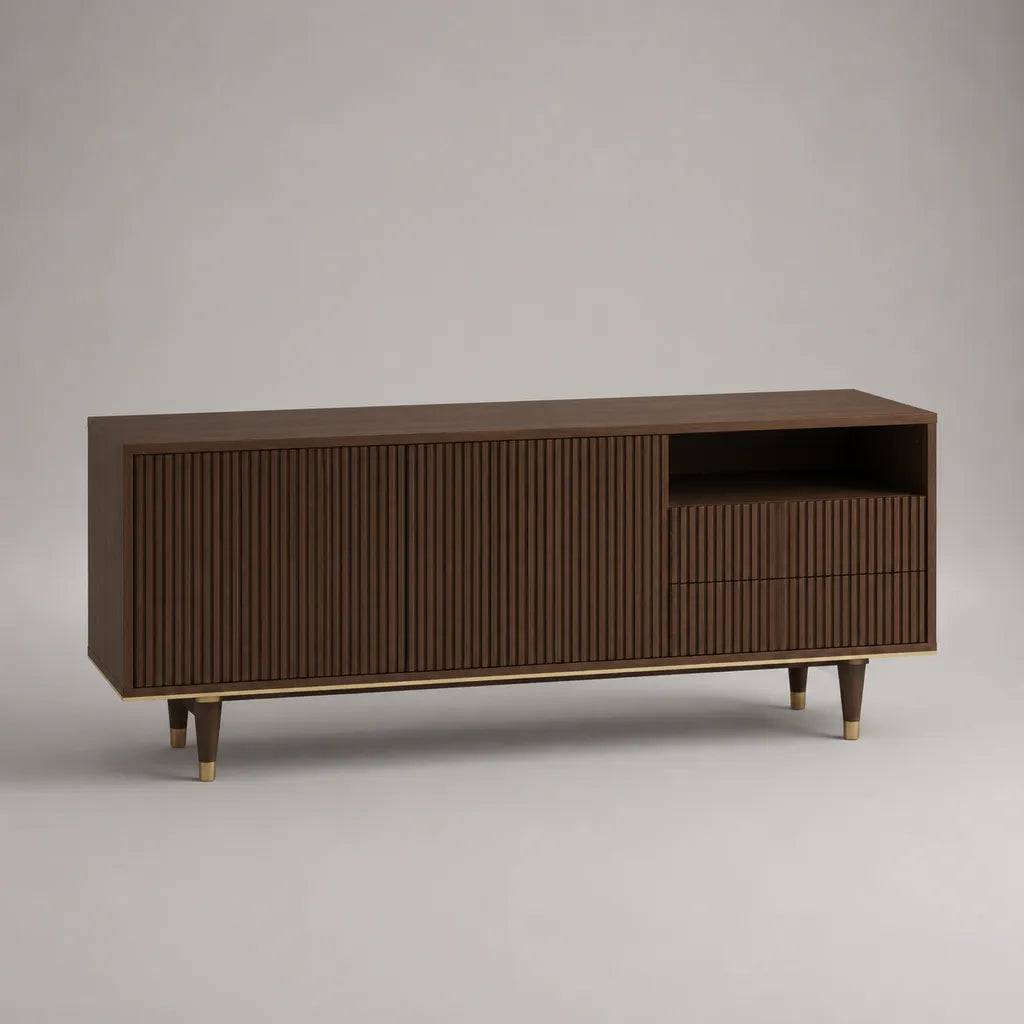 Mobile TV basso rettangolare in MDF impiallacciato marrone noce con ante scanalate, 2 cassetti e dettagli in metallo, 160 × 40 × 65 cm